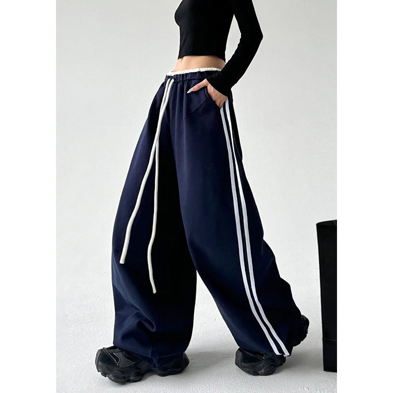 Boutique Navy Blue Drawstring Elastic Waist Wide Leg Pants Spring TA051