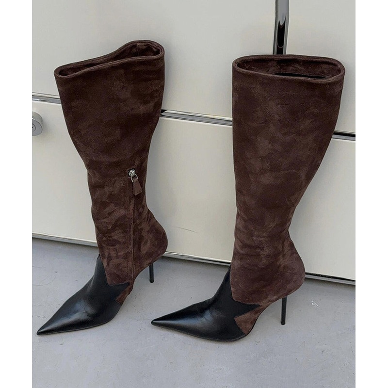 Brown Boots Stiletto Suede Handmade Splicing Pointed Toe TP007