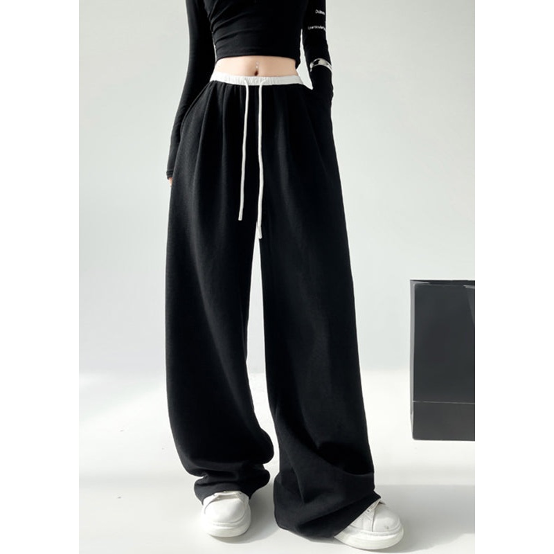 Casual Black Pockets Tie Waist Wide Leg Pants Spring TA043