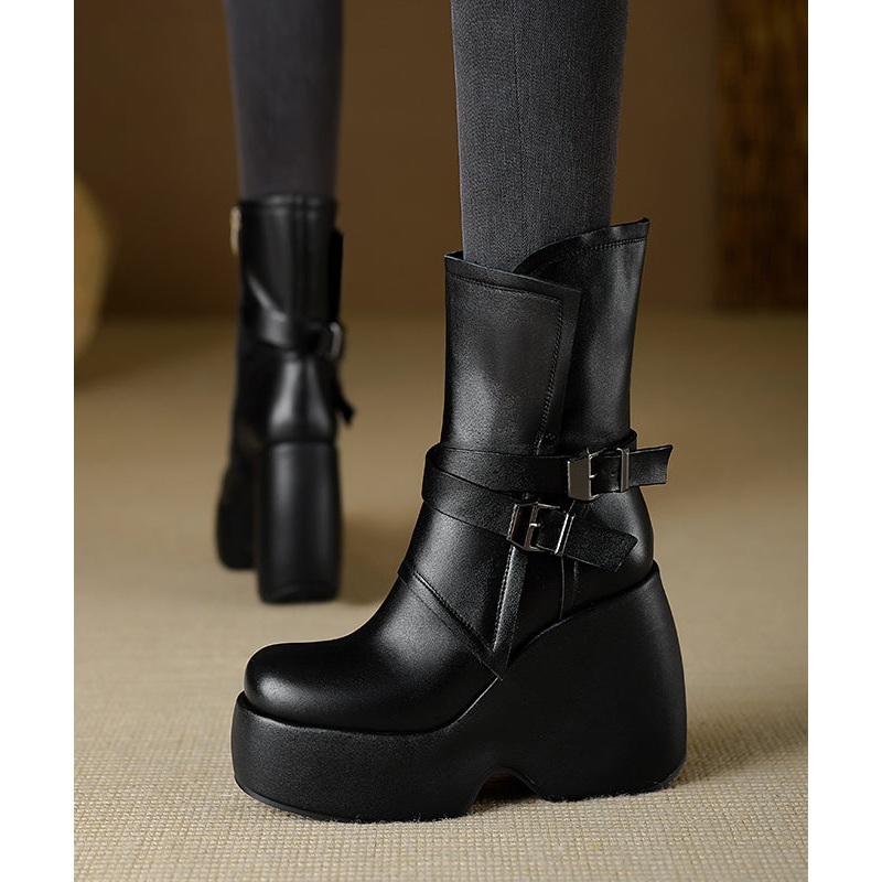 Chic Splicing Wedge Boots Black Cowhide Leather TP014