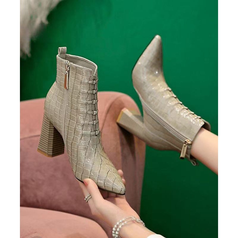 Classy Grey Zippered Splicing Chunky Heel Boots Pointed Toe TP018