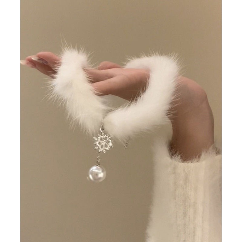 Classy White Alloy Snowflake Zircon Feathers Pearl Tassel Christmas Pendant Necklace TS006
