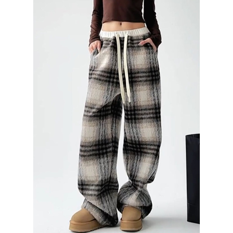 Coffee Patchwork Drawstring Woolen Straight Pants TA044
