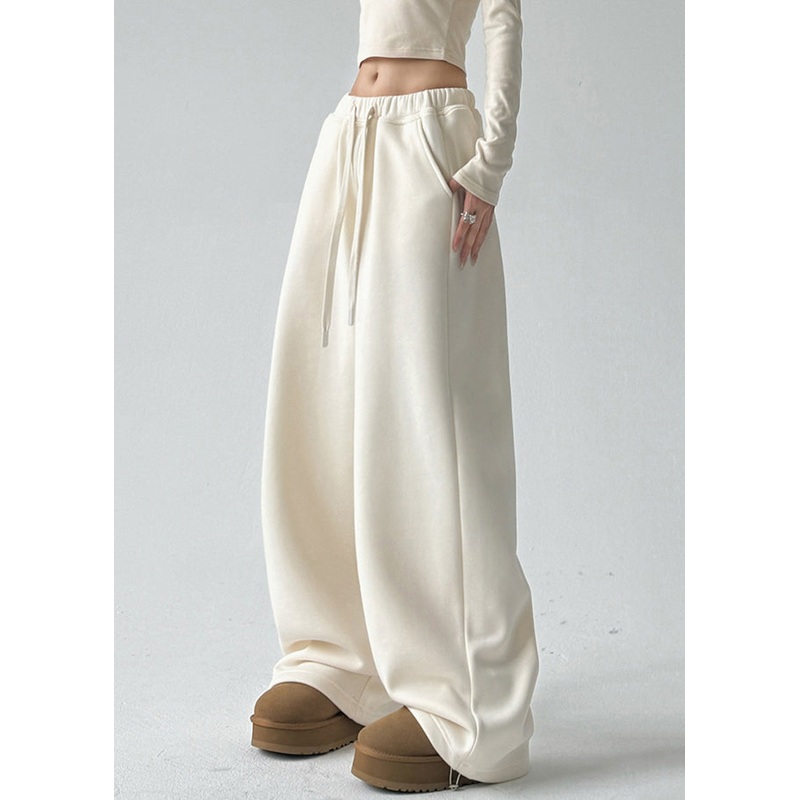 Fine Apricot Pockets Drawstring Thick Wide Leg Pants Spring TA048