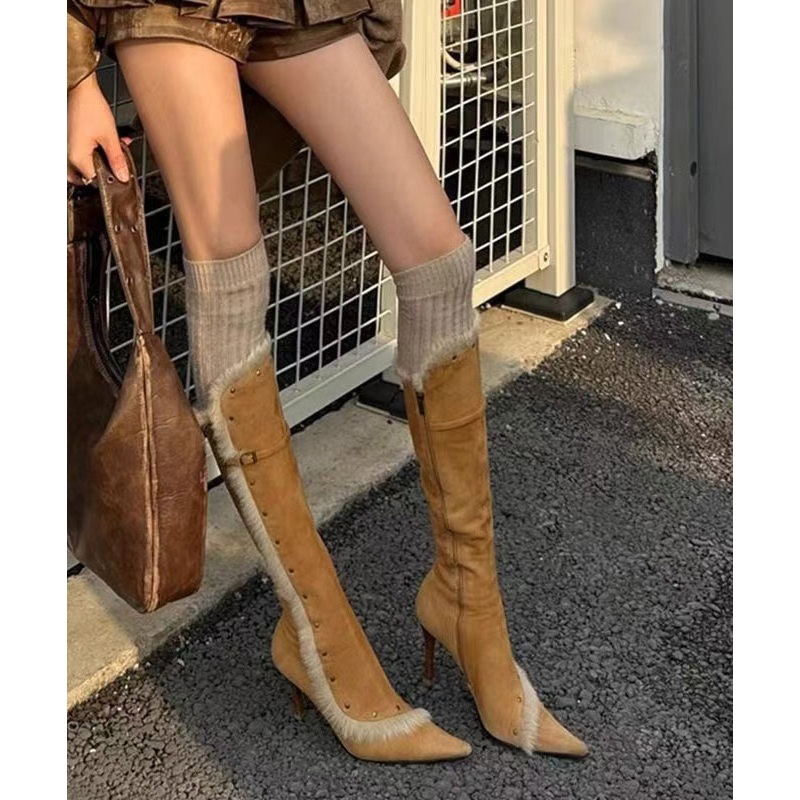 Fine Splicing Stiletto Boots Yellow Suede Fuzzy Wool Lined Pointed Toe TP008