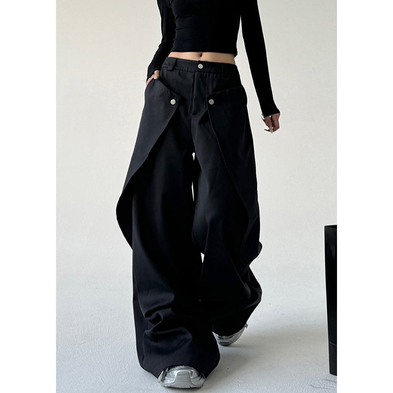 French Black Asymmetrical Pockets Draping Straight Pants Spring TA059