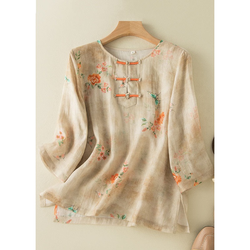 Grace Style Apricot O-Neck Print Oriental Button Side Open Linen Shirt Top Bracelet Sleeve TP049
