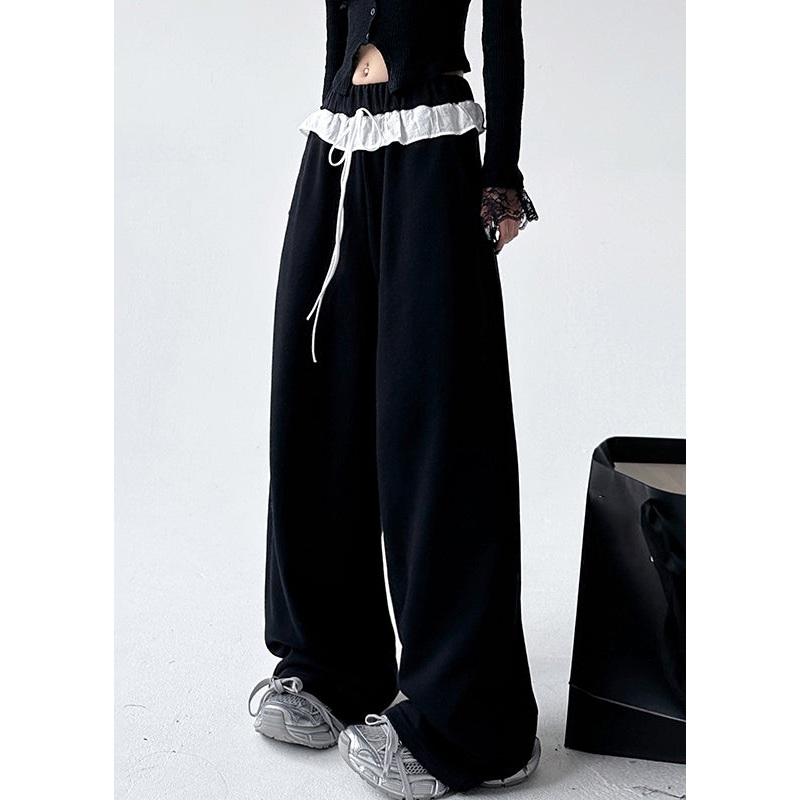 Loose Black Patchwork Tie Waist Straight Pants Spring TA064