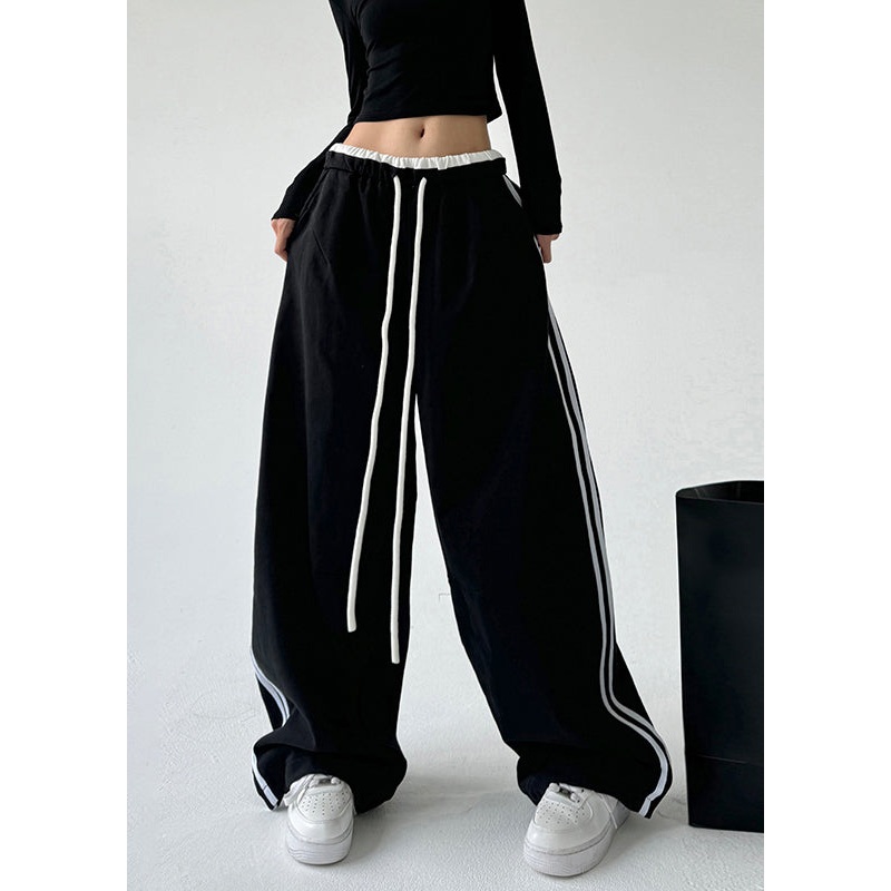 Loose Black Pockets Patchwork Drawstring Wide Leg Pants Spring TA046