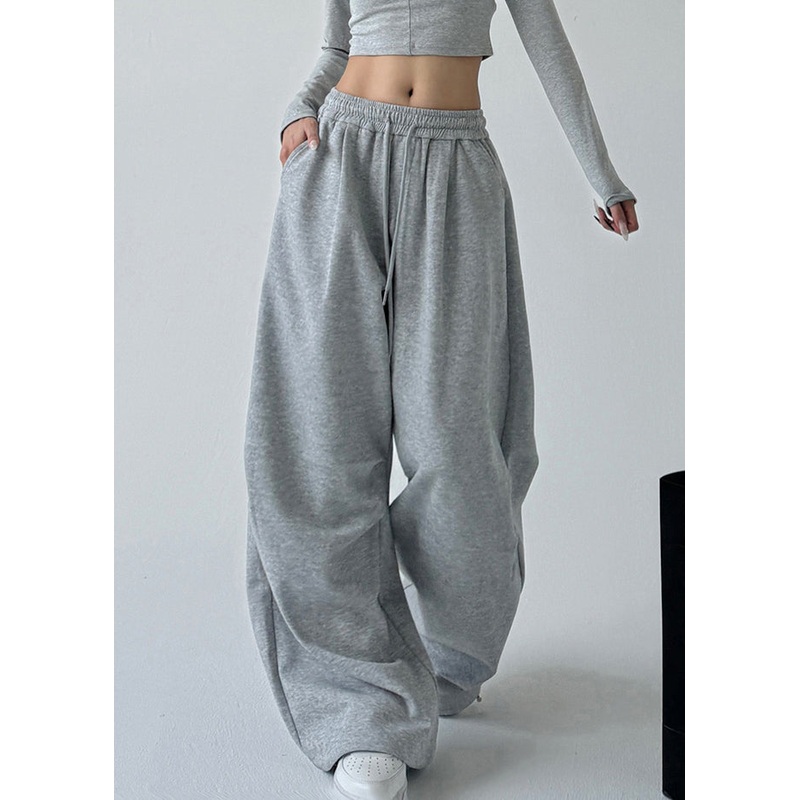 Loose Light Grey Pockets Drawstring Wide Leg Pants Spring TA066