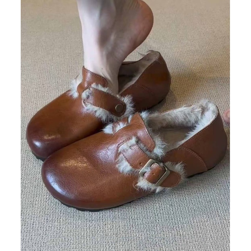 Retro Flat Shoes Caramel Sheepskin Fuzzy Wool Lined TP024