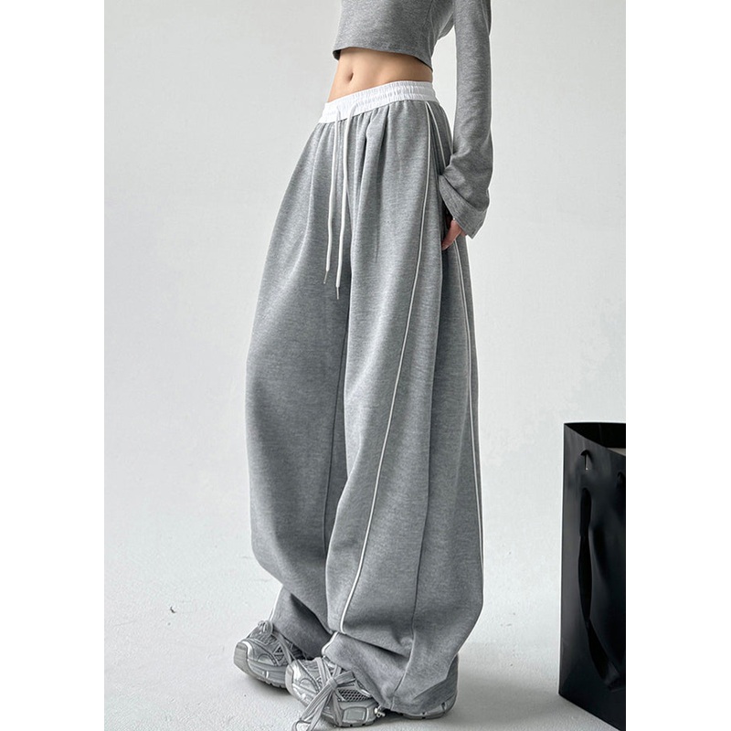 Simple Grey Elastic Waist Drawstring Wide Leg Pants Spring TA047