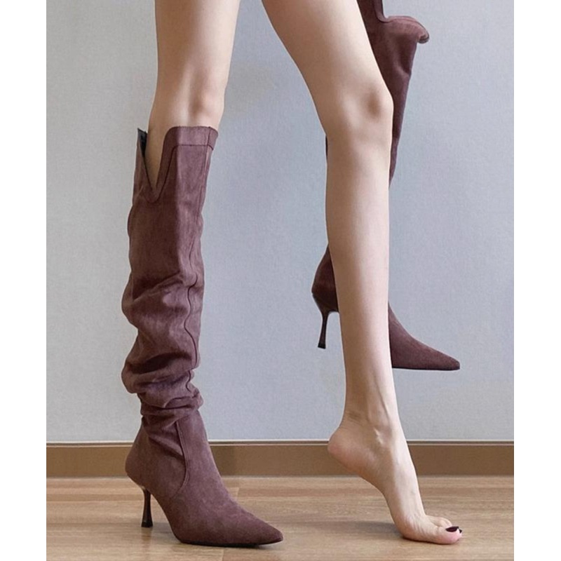 Simple Splicing High Heel Boots Purple Suede TP009