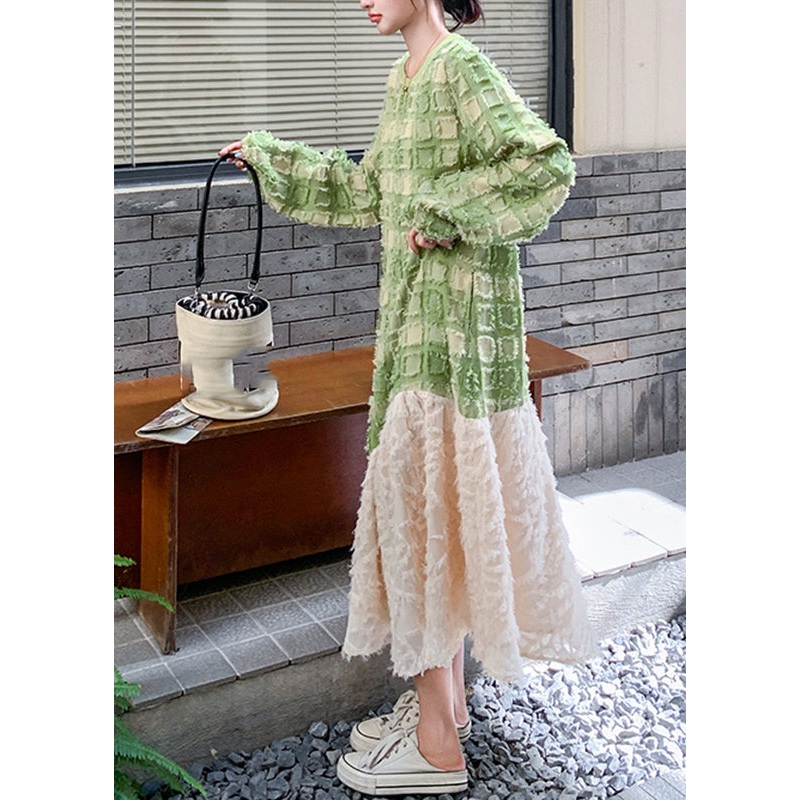 Stylish Green O-Neck Plaid Patchwork Long Dress Spring TA049