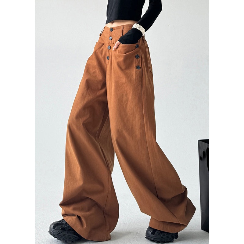 Unique Caramel High Waist Patchwork Button Wide Leg Pants Spring TA061