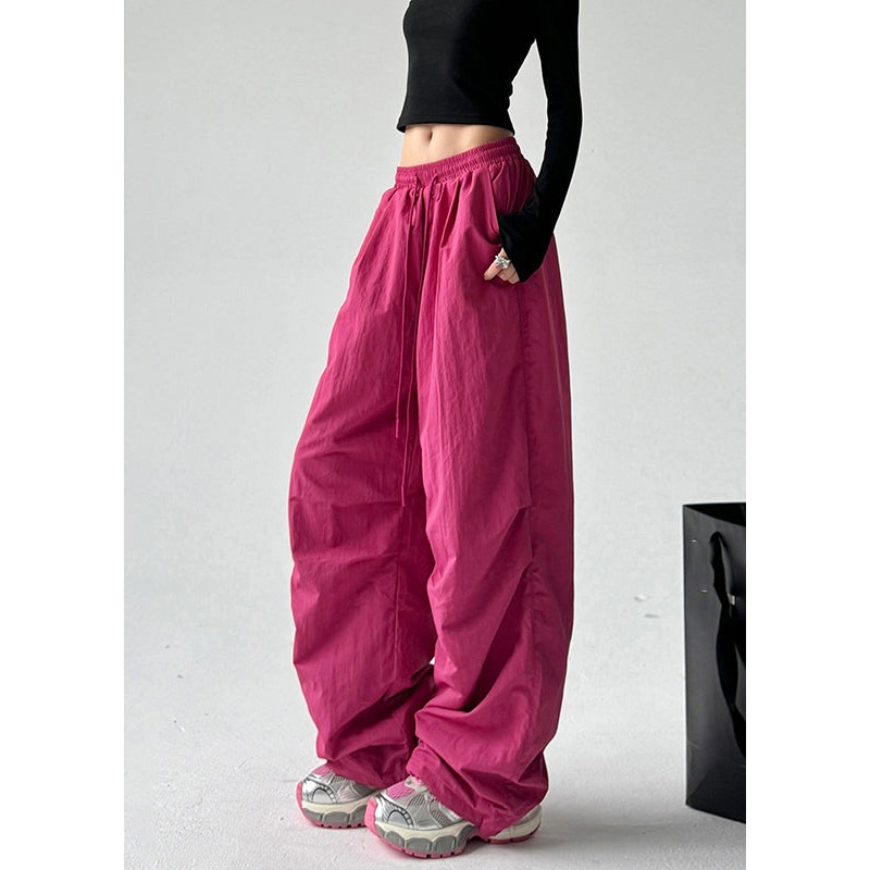 Vogue Red Pockets Tie Waist Solid Warm Fleece Straight Pants Spring TA063