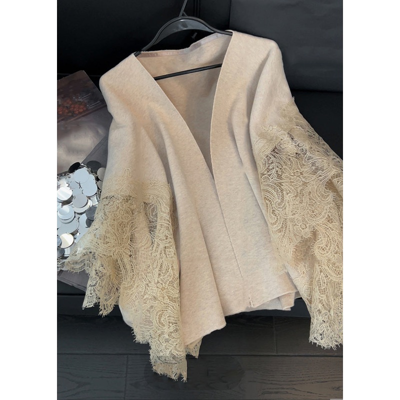 Women Light Camel V Neck Lace Patchwork Knit Cardigans Spring TD024