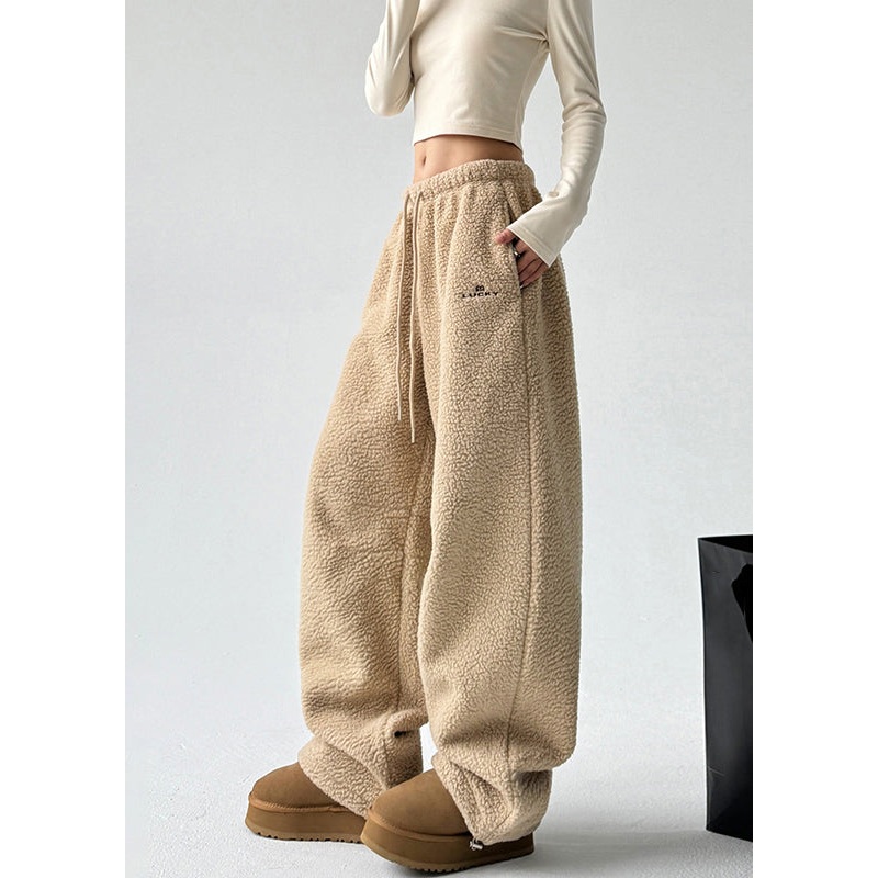 Women Yellow Pockets Drawstring Faux Fur Thick Trousers Spring TA052