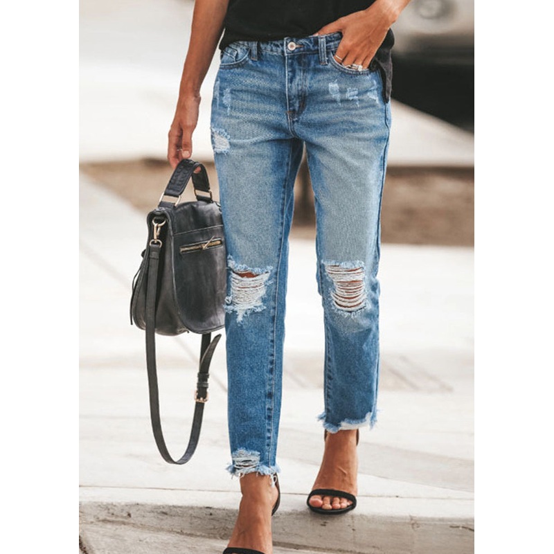 Fashion Blue Pockets Ripped Denim Pants Summer TH050