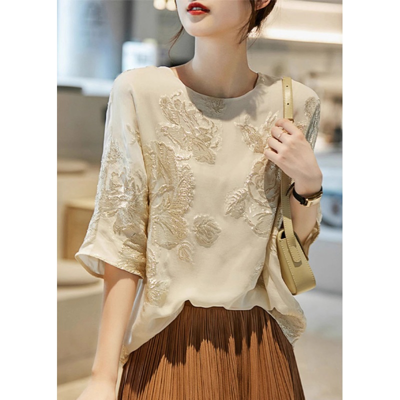 New Beige O Neck Embroidered Silk Shirt Top Summer TH039