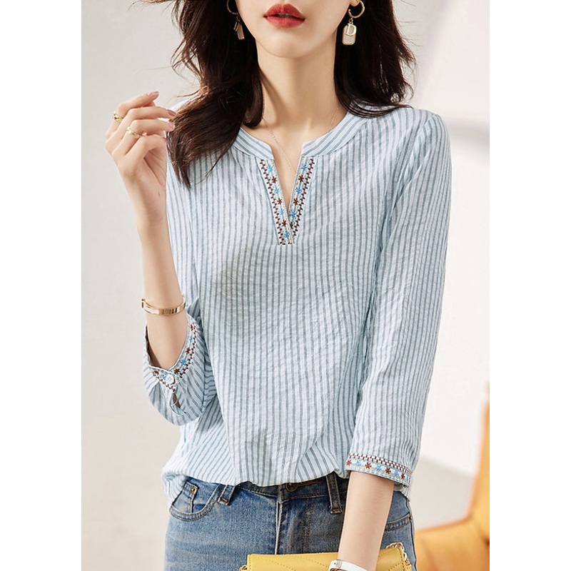 New Blue Embroidered Striped Cotton Blouses Bracelet Sleeve TH024