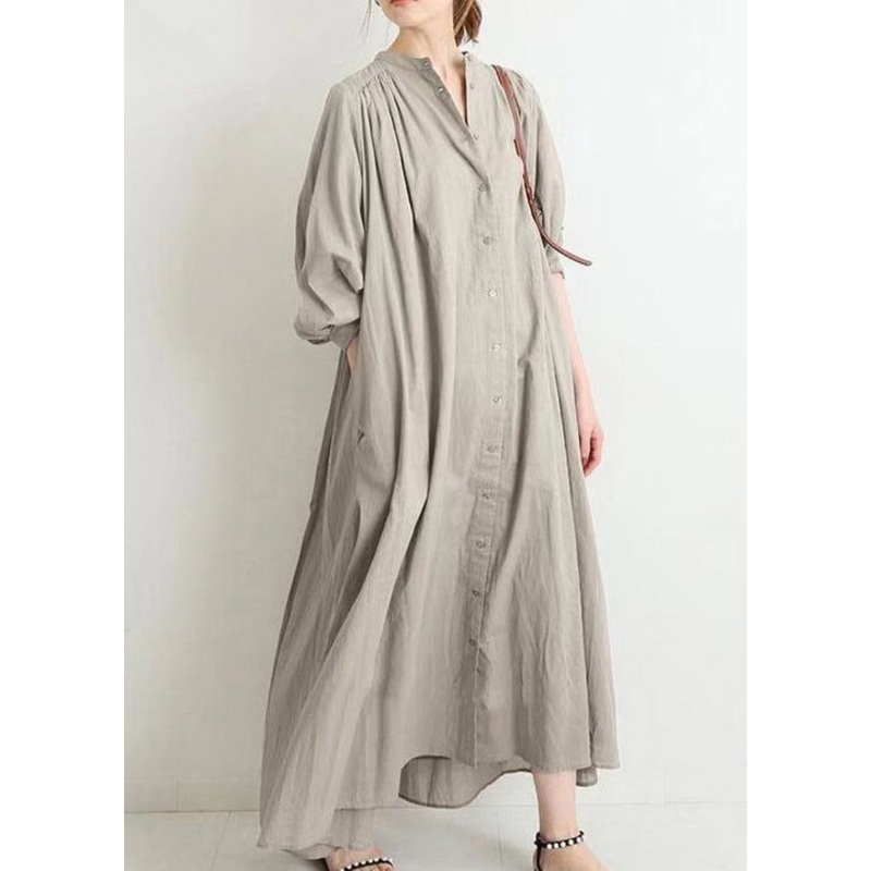 Plus Size Apricot O Neck Button Cotton Shirts Dress Spring TH034