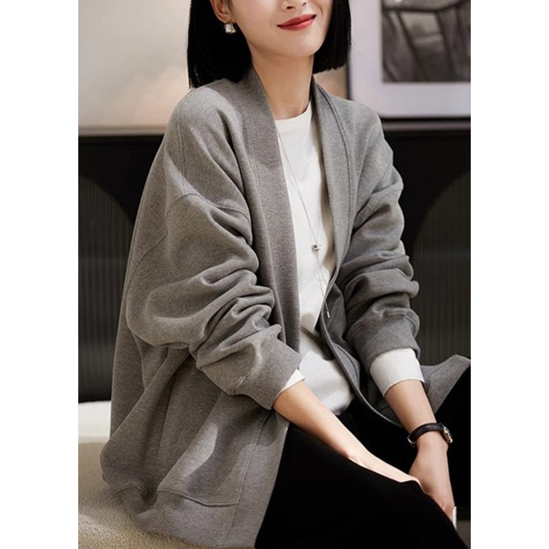 Simple Style Grey V Neck Pockets Cotton Cardigans Spring TJ031