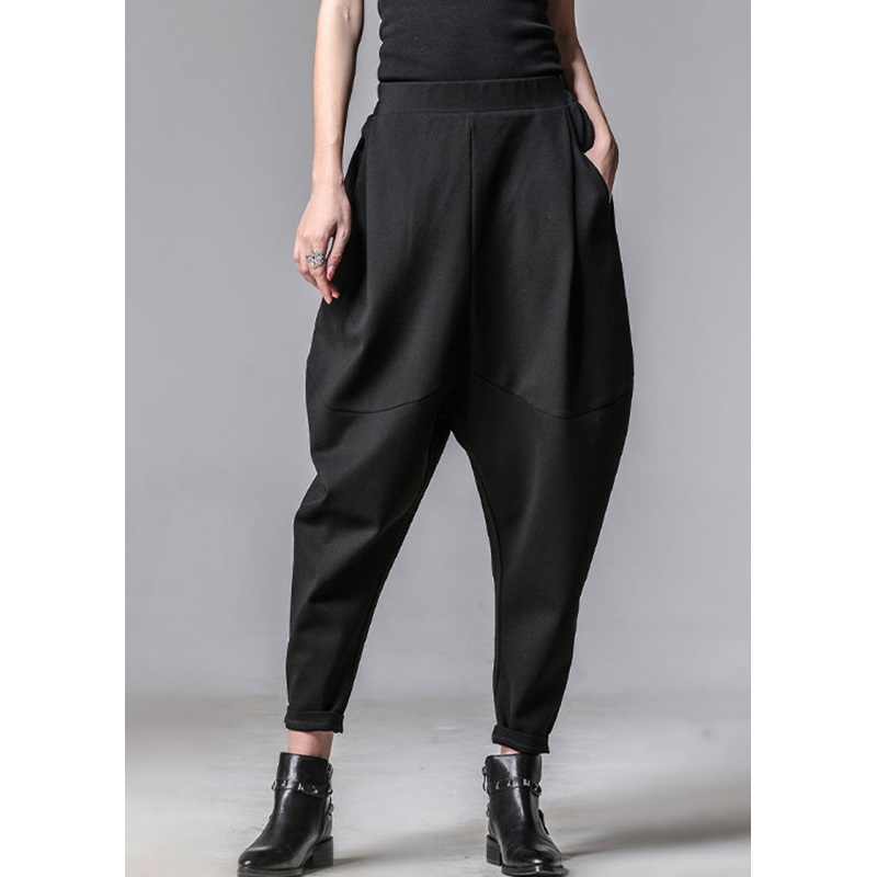 Unique Black Pockets Elastic Waist Cotton Harem Pants Spring TH031