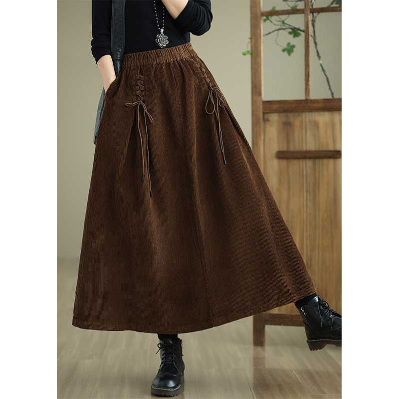 Unique Coffee Pockets Lace Up Elastic Waist Corduroy Skirt Spring TH049