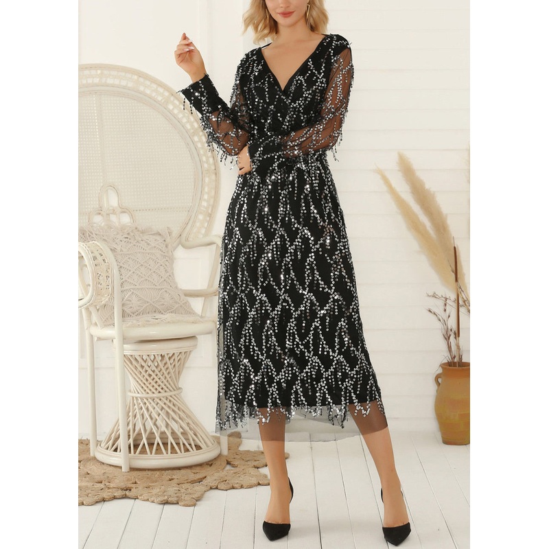 Black Sequins Lace Up Tulle Long Dress V Neck Spring TL028
