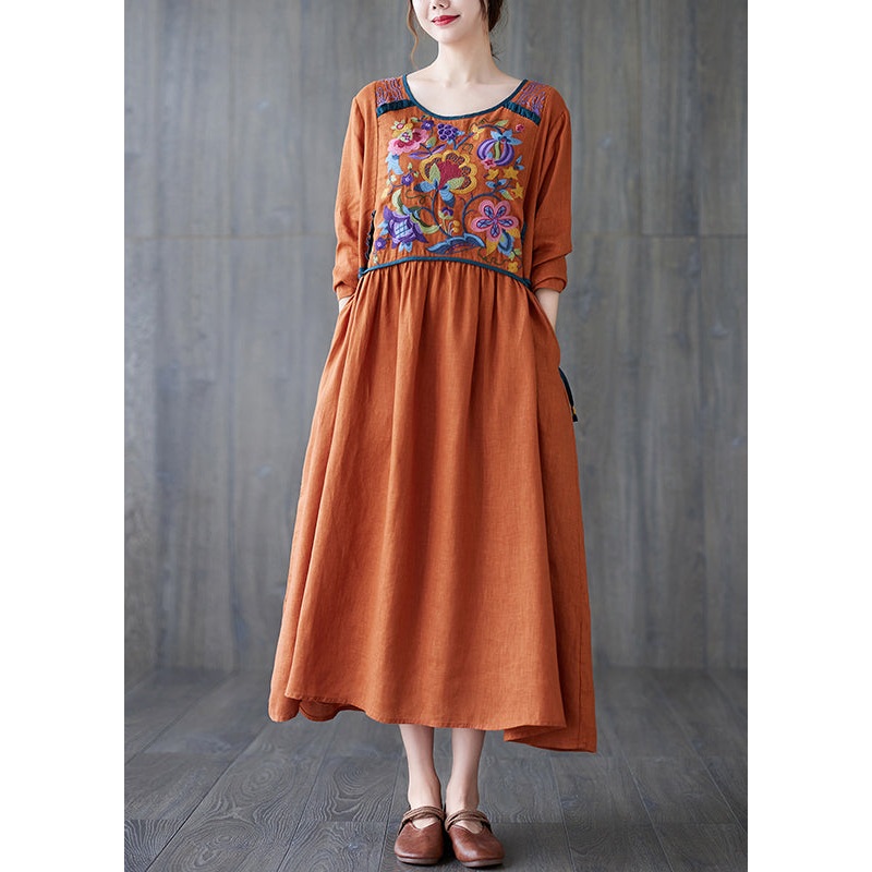 Boho Orange O Neck Embroidered Patchwork Cotton Dress Spring TZ045