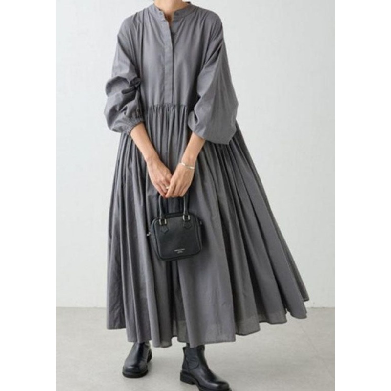 Casual Grey Wrinkled Patchwork Cotton Dresses Lantern Sleeve TL029