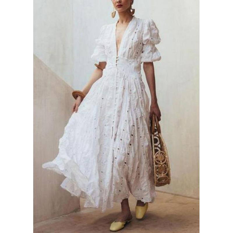 Chic White Puff Sleeve Exra Large Hem Cotton Holiday Dress Spring TL009
