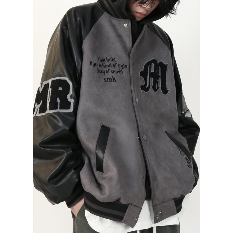 French Grey Letter Faux Leather Patchwork Faux Suede Mens Coat Spring TC013