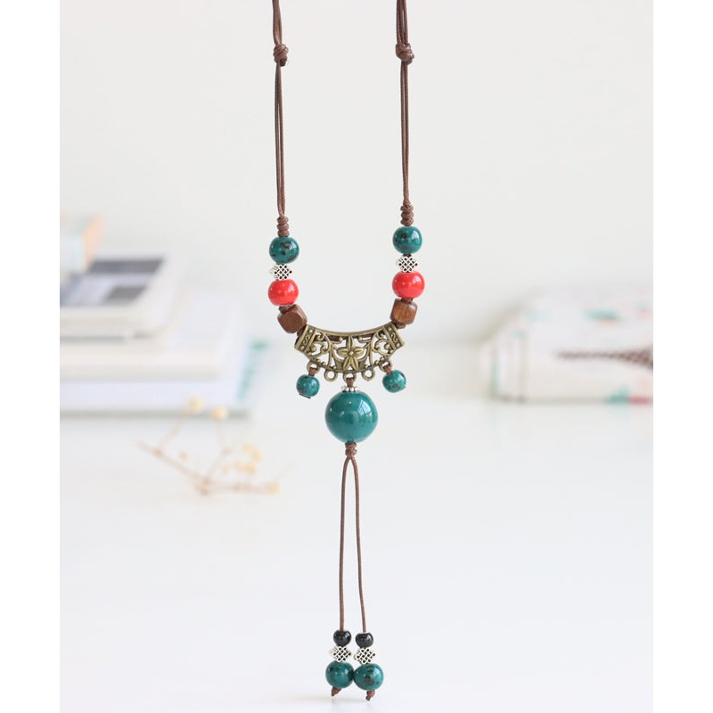Handmade Bronze Coppery Woven Ceramics Hollow Out Tassel Pendant Necklace TX006