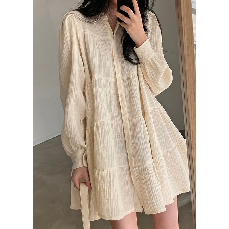 Modern Beige Oversized Wrinkled Cotton Shirt Dresses Spring TZ022