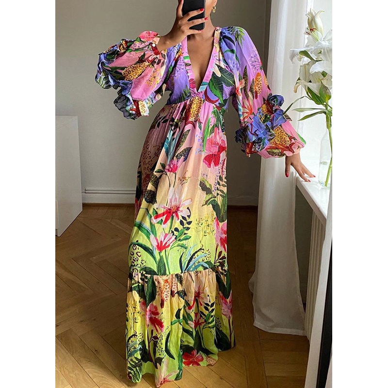 New V Neck Ruffled Print Patchwork Cotton Party Dress Spring TL035