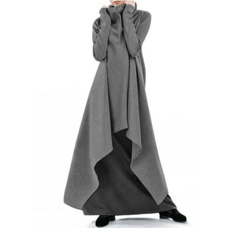 Style Grey Hign Neck Asymmetrical Design Cotton Dress Spring TL041