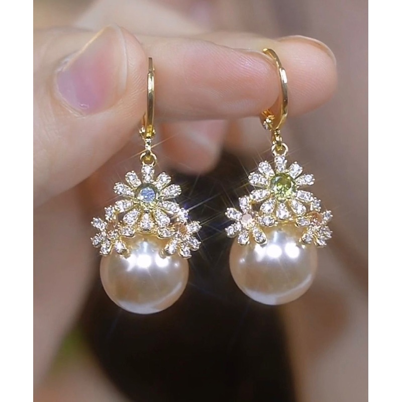 Stylish Gold Copper Zircon Pearl Drop Earrings TX030