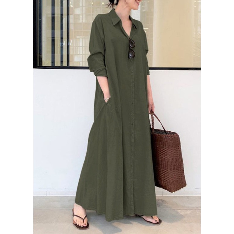 Vintage Army Green Oversized Cotton Robe Dresses Spring TZ002