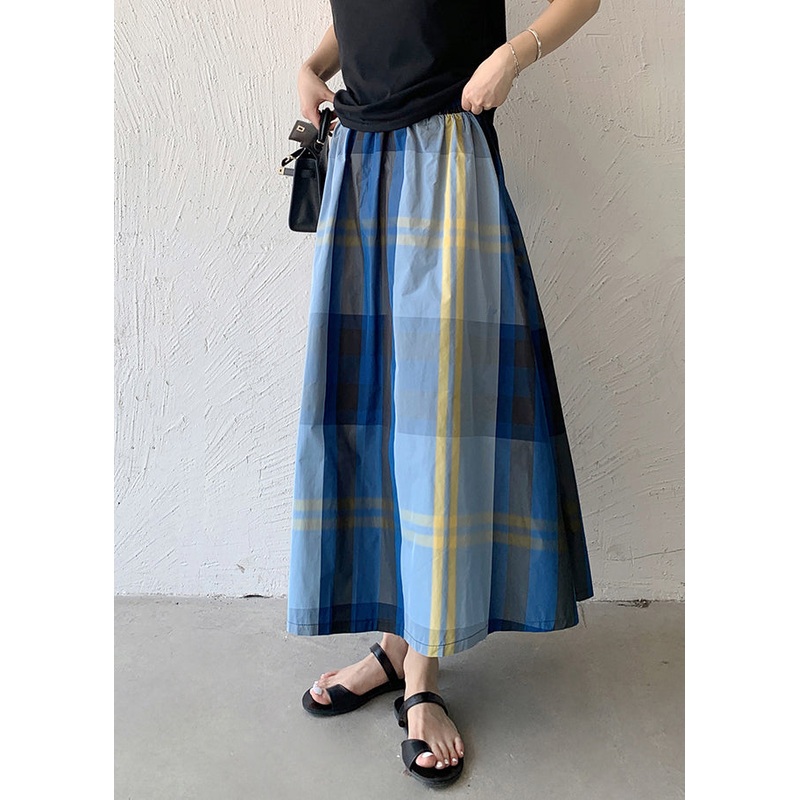Women Blue Plaid Exra Large Hem Cotton Skirt Spring TZ009