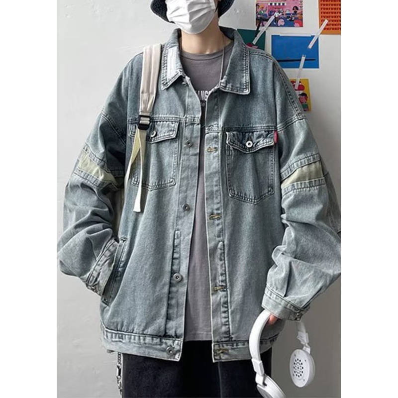 Chic Blue Button Pockets Patchwork Mens Coats Spring TC046