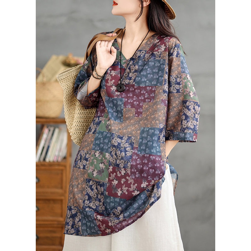Chic Colorblock V Neck Print Linen Mini Dress Summer TM022