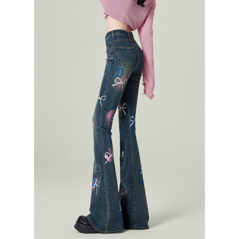 Fashion Blue Pockets Bow Print Denim Flared Trousers Spring TN020