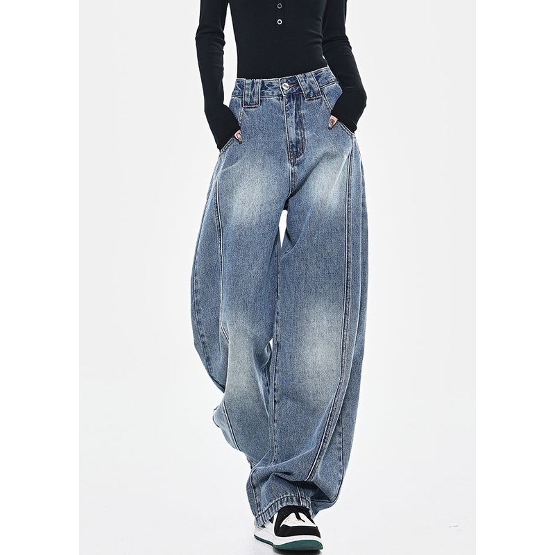 Fashion Blue Pockets Patchwork High Waist Denim Pants Spring TN036