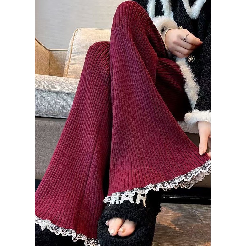 Fashion Red Drawstring Lace Patchwork Knit Flared Trousers Spring TN028