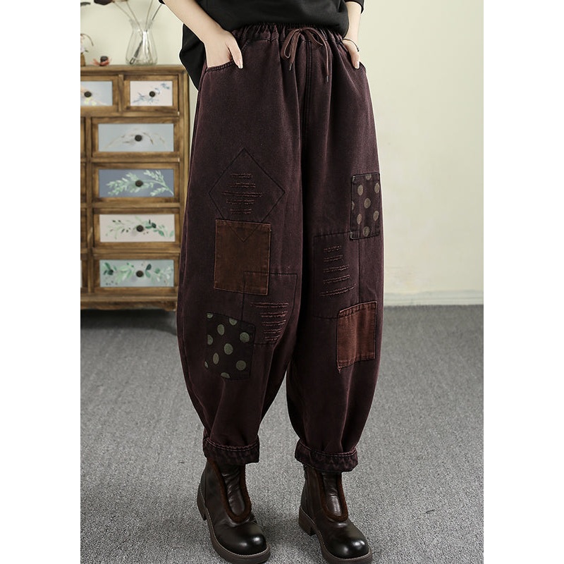 Loose Mulberry Pockets Patch Elastic Waist Warm Fleece Pants Spring TN007