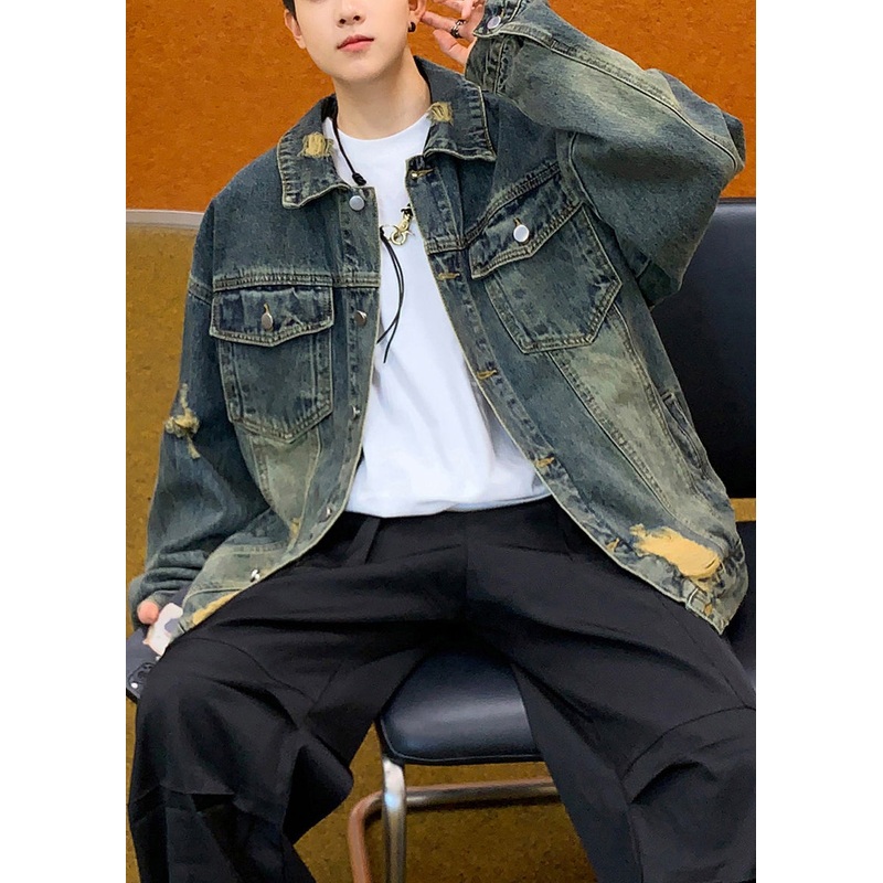 Retro Denim Blue Hole Button Pockets Denim Mens Coats Spring TC036