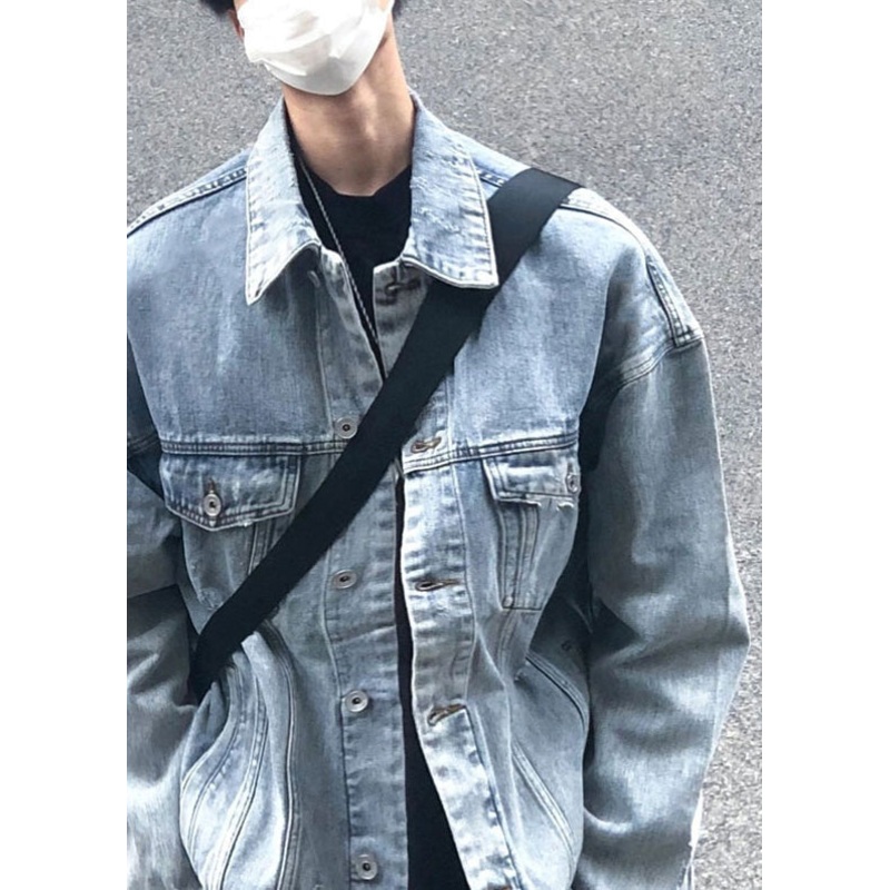 Simple Blue Peter Pan Collar Button Denim Mens Coats Spring TC043