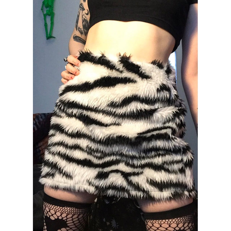 Style Zebra Pattern Black High Waist Faux Fur Skirt Spring TN021